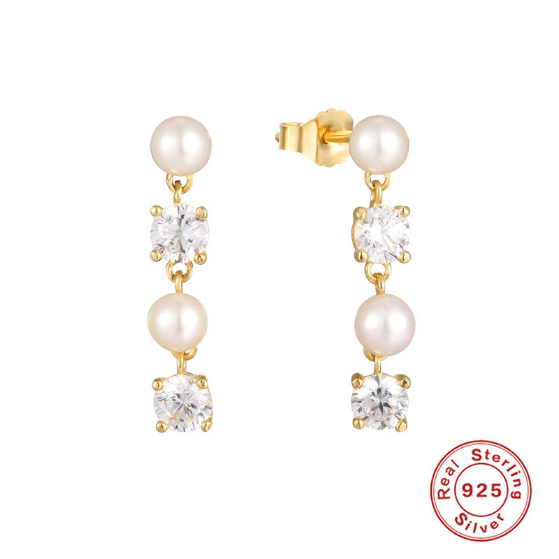 S925 Sterling Silver Inlaid Diamond Pearl Connected Tassel Earrings Studs Korean Style Light Luxury Niche High-end Feel Earrings for Women