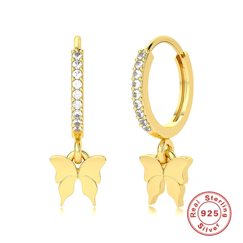 S925 Sterling Silver Butterfly Pendant Hoop Earrings Ear Clips Earrings Cross-Border Hot Sale Fashion Simple Creative Style Inlaid Diamond Women's Earrings
