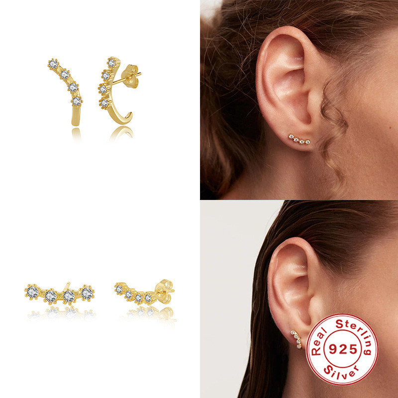 S925 Sterling Silver Single Row Diamond-Encrusted Light Luxury INS Earrings Studs Korean Style Elegant Niche Design K Gold Luxurious Ear Jewelry