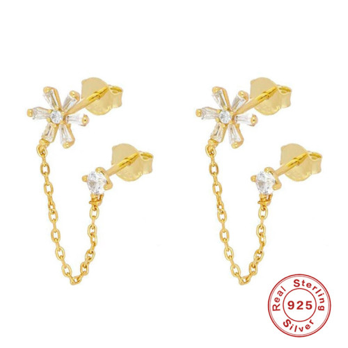 S925 Sterling Silver Geometric Floral Chain Tassel Single Diamond Stud Earrings Ear Thread European and American Cross-Border Light Luxury INS Earrings Ear Jewelry