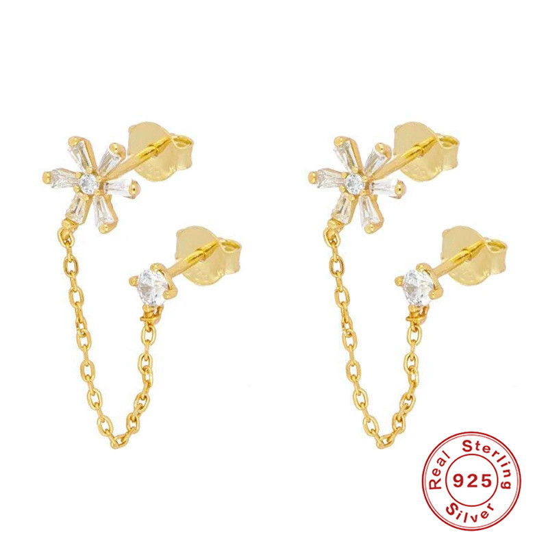 S925 Sterling Silver Geometric Floral Chain Tassel Single Diamond Stud Earrings Ear Thread European and American Cross-Border Light Luxury INS Earrings Ear Jewelry