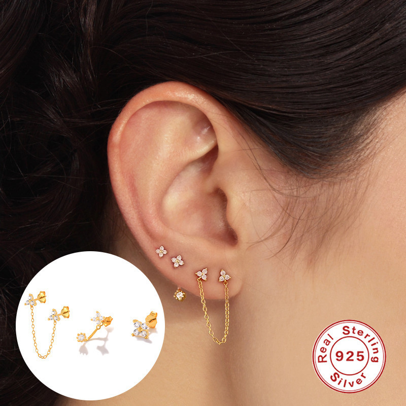 S925 Sterling Silver Flower Triangle Stud Earrings with Diamond Inlay Ear Line Combination Set European and American INS Style Personality Wearable Earrings