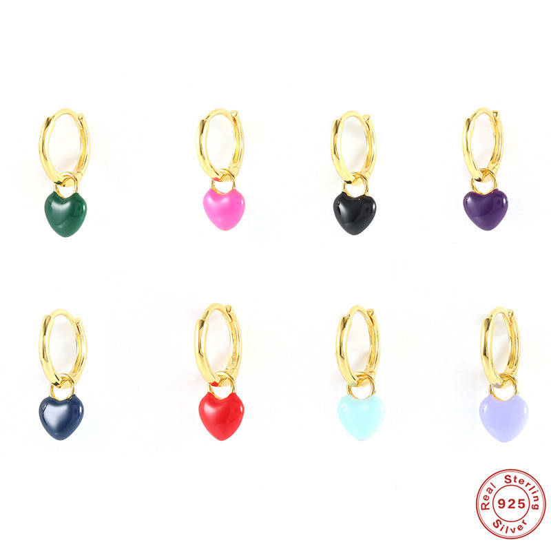 S925 Sterling Silver Single Heart Oil Drop Hoop Earrings European and American Light Luxury Trendy Fashion INS Stud Earrings