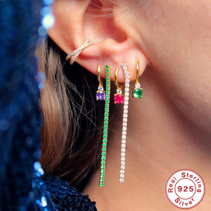 S925 Sterling Silver Four-Prong Inlaid Diamond Celi French Earrings Colorful Zircon Earrings Hoop European and American Hot-Selling Creative INS Earrings