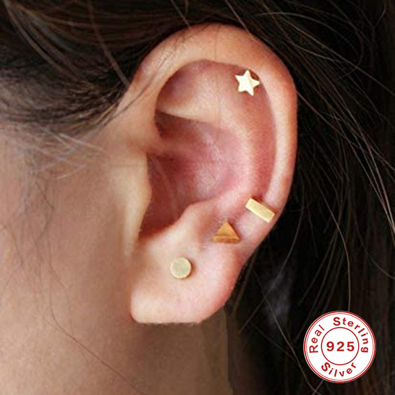 S925 Sterling Silver Geometric Triangle Small Gold Star Moon Combination Earrings Stud Earrings Smooth Minimalist Four-Piece Set Earrings for Women