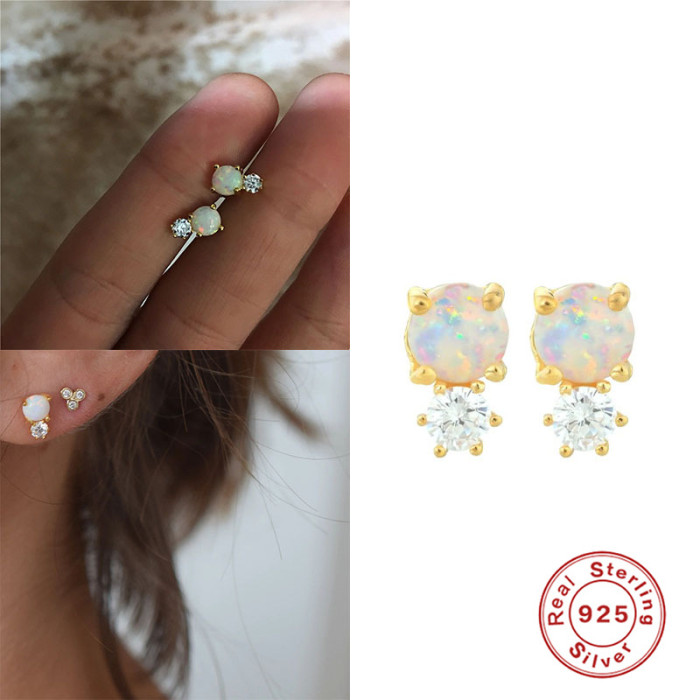 S925 Sterling Silver Round Elegant Personality Double Diamond Opal Zircon Earrings Korean and Japanese Style Elegant Office Wear Earrings