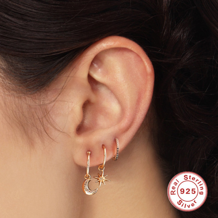 S925 Sterling Silver Star Moon Earrings Korean and Japanese Style Personality Trendy Creative Ear Clips Minimalist Style Women's Accessories