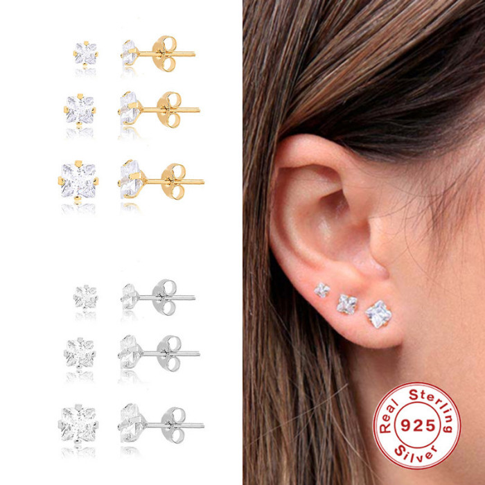 S925 Sterling Silver Square Stone-Inlaid Elegant Versatile Earrings Korean Niche Light Stud Earrings INS Style Earr...