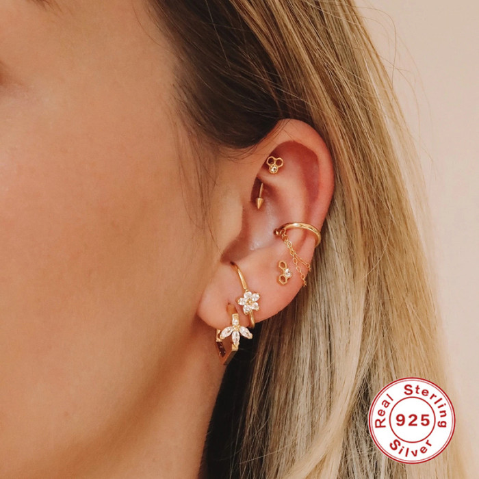 S925 Sterling Silver Line Curved Petal Stone-Inlaid Earrings Hoop Earrings Hot Selling Light Luxury Creative Geomet...