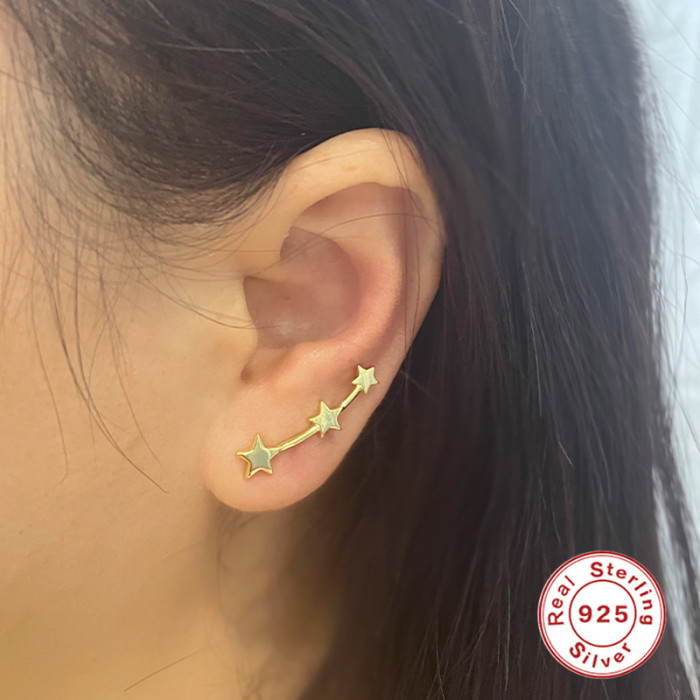 S925 Sterling Silver INS Minimalist Smooth Five-Pointed Star Ear Arc Ear Clip Earrings Korean Version Niche Design Internet Celebrity Ear Jewelry