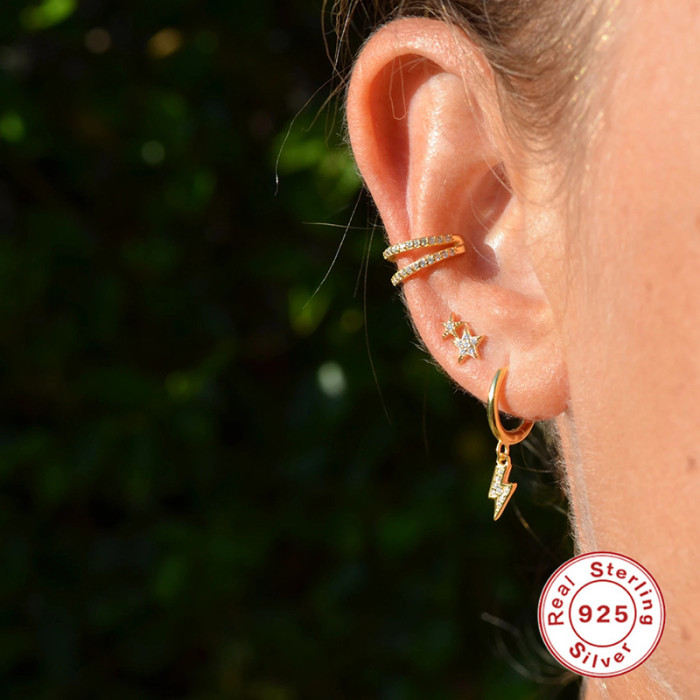 S925 Sterling Silver Large and Small Stone-Studded Five-Pointed Star Earrings Fashionable Simple Creative Style Dia...