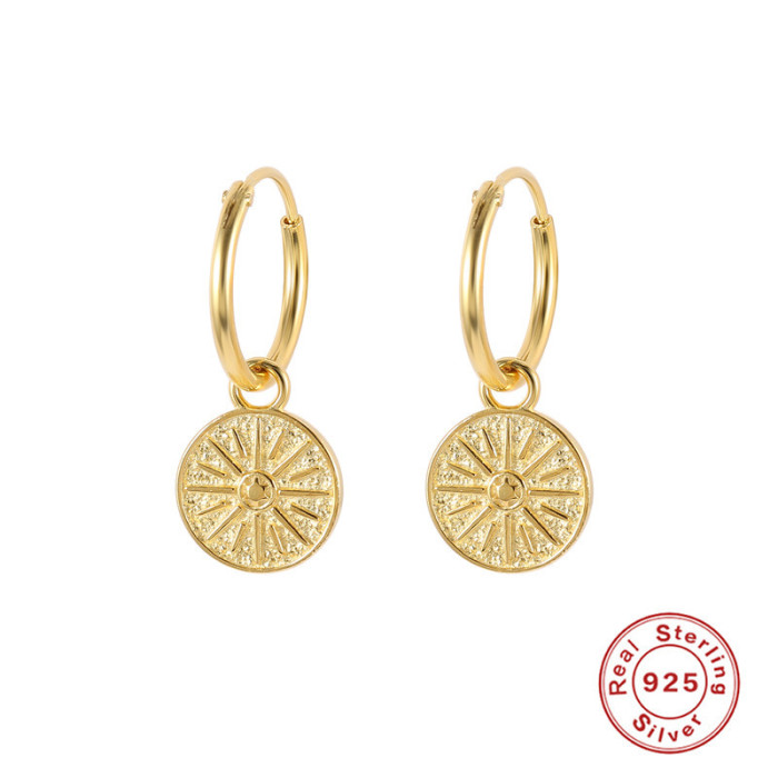 S925 Sterling Silver Hippie Moon Phase Medal Pendant Hoop Earrings European and American Creative Bohemian Style Ear Cuffs Ear Jewelry