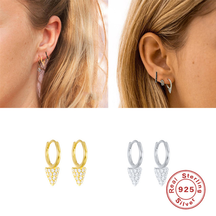 New S925 Sterling Silver Earrings Punk Style Earrings Ear Clips European and American Hot Selling Geometric Inlaid Diamond Trendy Hoop Earrings
