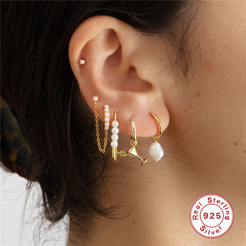 S925 Sterling Silver INS Style Pearl Chain Irregular Hoop Earrings Stud Earrings Thread Earrings Korean and Japanese Light Luxury Trendy Earrings