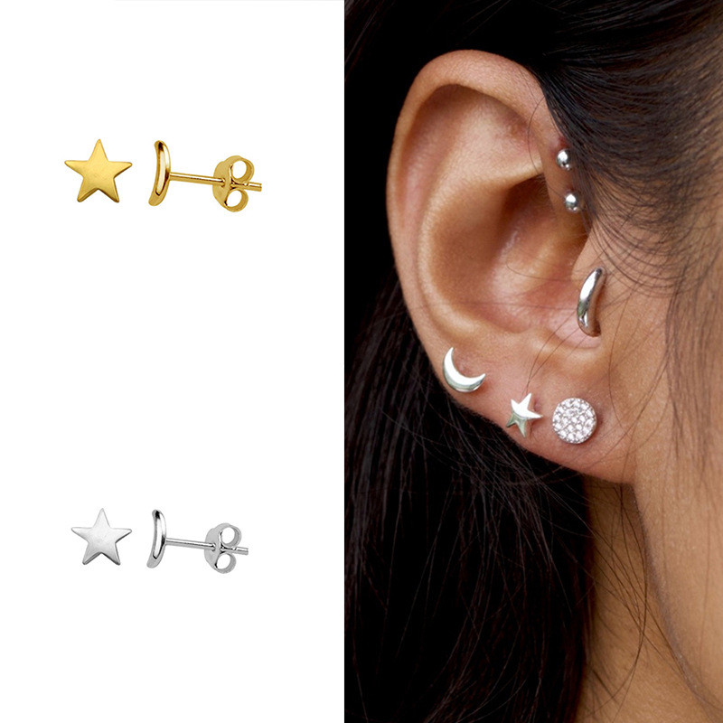 S925 Sterling Silver INS Star and Moon Asymmetric Smooth Earrings European and American Light Simple Versatile Earrings Korean Style Accessories