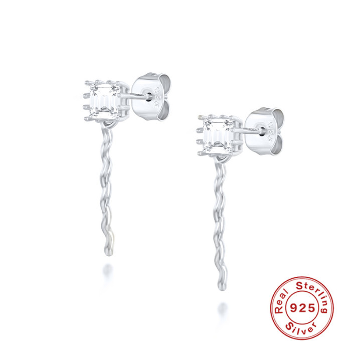 S925 Sterling Silver Square Diamond Twist Line Earrings European and American Hot Selling Elegant Versatile Personality Trendy Exquisite Women's Earrings Ear Clips
