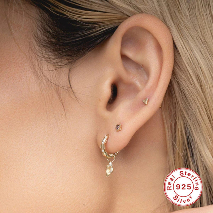 S925 Sterling Silver Geometric Moon Star Shell Hugging Earrings Hoop Earrings European and American Creative Personality INS Style Earrings
