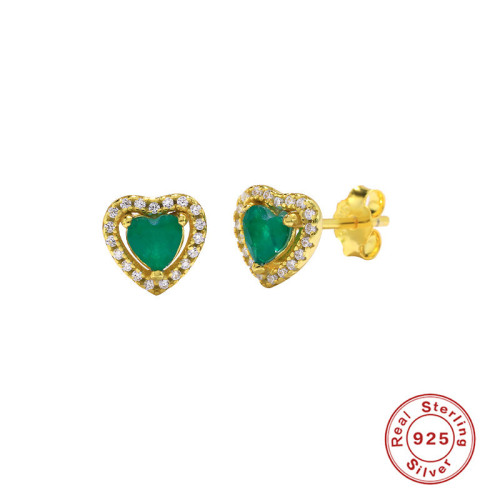 S925 Sterling Silver Heart-Shaped Emerald Gemstone Classic Wedding Stud Earrings European and American French Style Low-Key Luxury Earrings