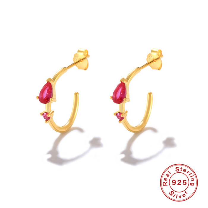 S925 Sterling Silver C-Shaped Colorful Diamond Stud Earrings Ear Clips Earrings TikTok Same Style Inlaid Diamond Exquisite Earrings for Office Wear and Matching Accessories