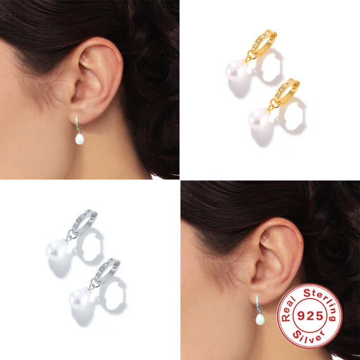 S925 Sterling Silver Elegant Pearl Earrings with Diamond Inlay Hoop Earrings Korean and Japanese INS Design Imitation Pearl Ear Jewelry