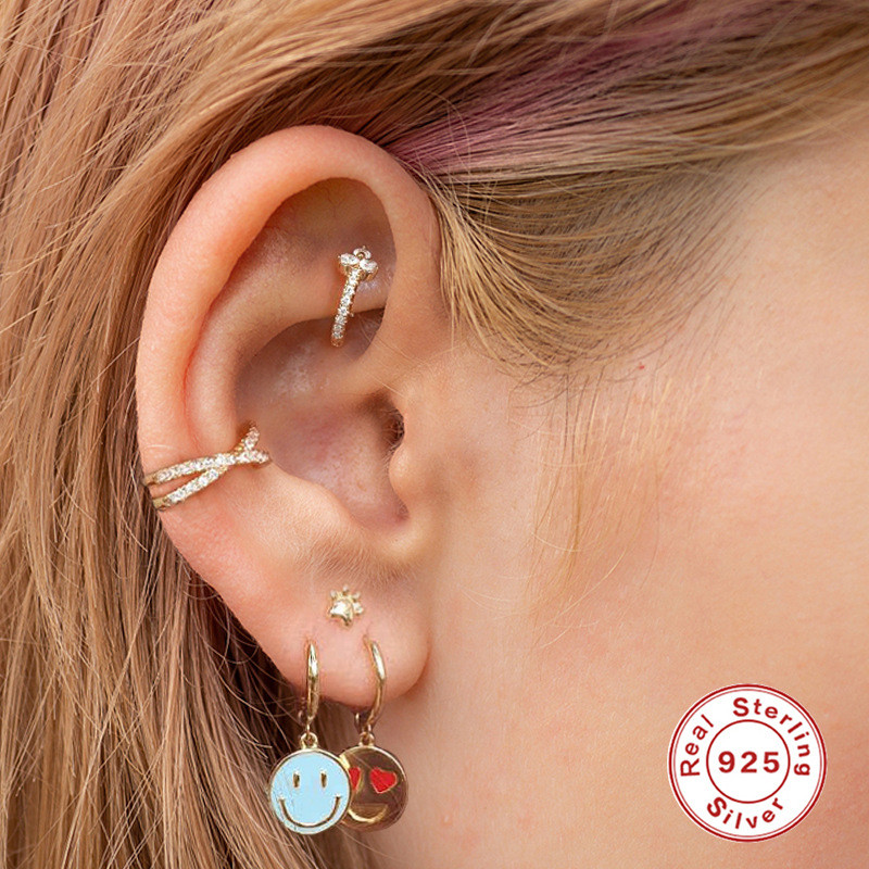 S925 Sterling Silver Smiley Face Oil Drop Earrings Ear Clips European and American Fashion Simple Versatile Creative Women's Hoop Earrings Ear Jewelry