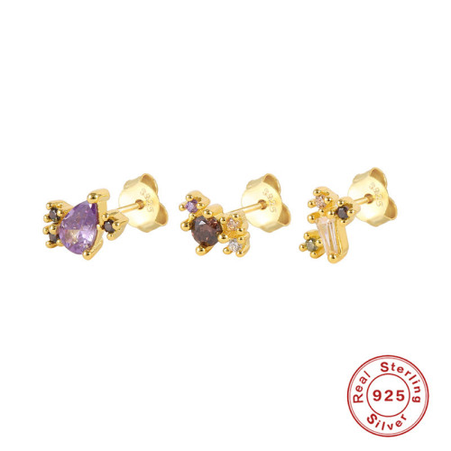 New S925 Sterling Silver Colorful Zircon Earrings Fashionable Cross-Border Accessories Set of 3 Earrings