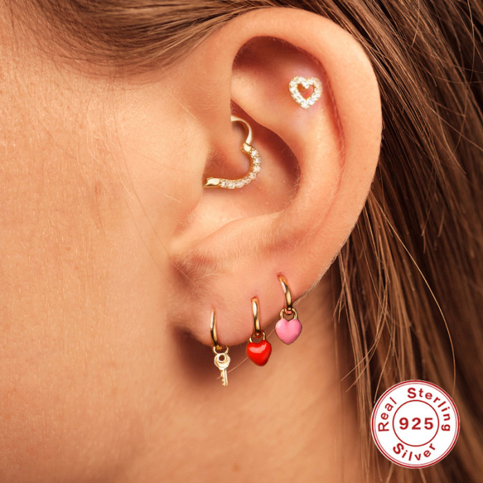 S925 Sterling Silver Single Heart Oil Drop Hoop Earrings European and American Light Luxury Trendy Fashion INS Stud Earrings