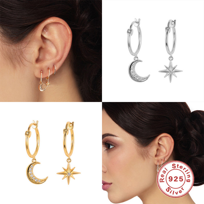 S925 Sterling Silver Star Moon Earrings Korean and Japanese Style Personality Trendy Creative Ear Clips Minimalist Style Women's Accessories