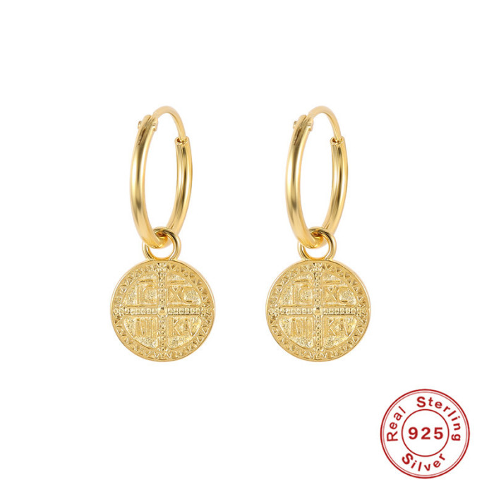 S925 Sterling Silver Hippie Moon Phase Medal Pendant Hoop Earrings European and American Creative Bohemian Style Ear Cuffs Ear Jewelry