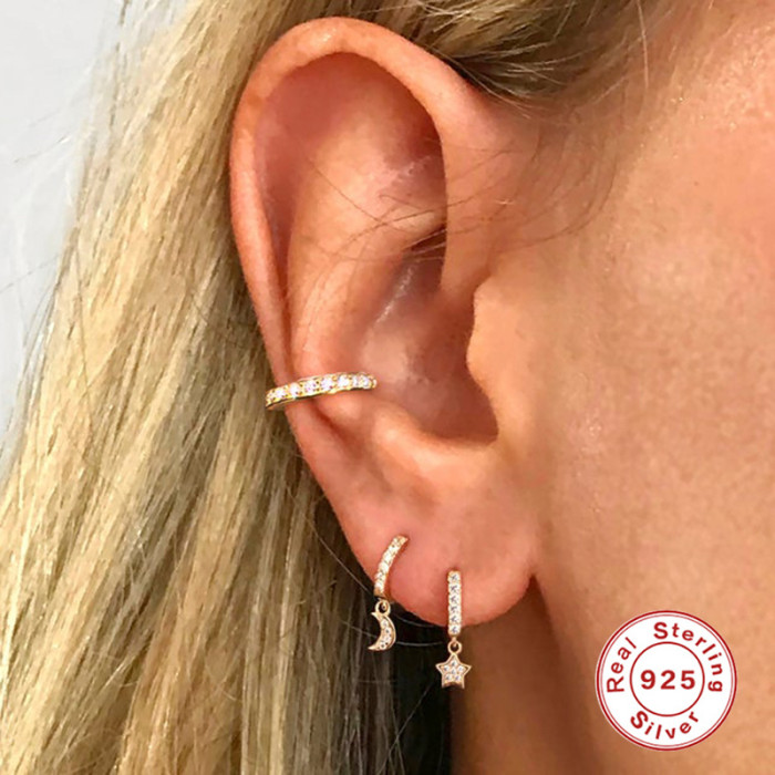 S925 Sterling Silver Star Moon Inlaid Diamond Ear Cuff Hoop Earrings Cross-Border Bestselling INS Fashion Trend Versatile Ear Jewelry