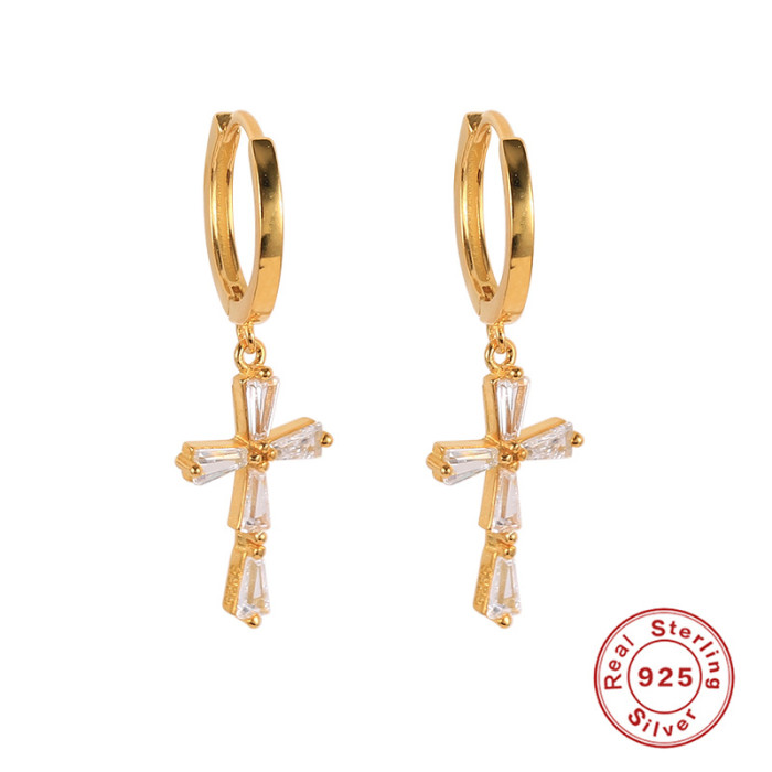 S925 Sterling Silver Cross Diamond-Studded Earrings Ear Clips Cross-Border Bestselling Personality Light Luxury French INS Style Creative Earrings