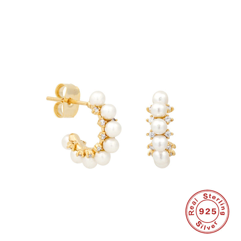 S925 Sterling Silver Half Round Diamond Pearl Temperament Earrings Stud Korean Version INS French Elegant Hong Kong Style C-shaped Earrings