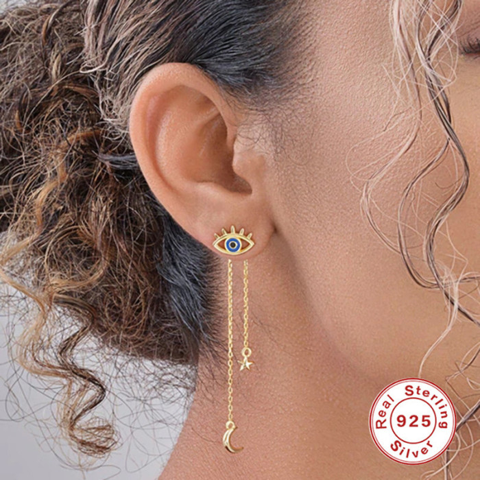 S925 Sterling Silver Chain Tassel Angel Eye Earrings Star Moon Drop Earrings Jewelry European and American New Enamel Earrings