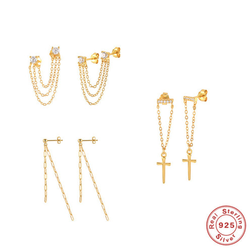S925 Sterling Silver Long and Short Chain Cross Diamond Stud Earrings Threader Earrings European and American INS Style Hot Selling Earrings for Women