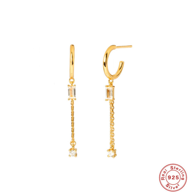 S925 Sterling Silver White Diamond Pendant Half Round C-shaped Ear Hoop Ear Stud Earrings Korean Style Temperament Office Lady Wear Earrings