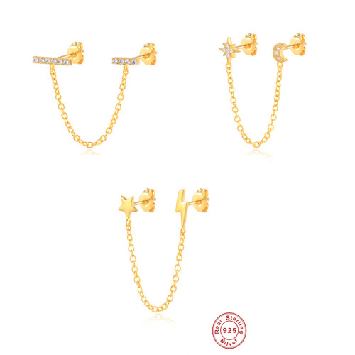 New S925 Sterling Silver Double Long Chain Star Moon Earrings European and American Style Personality Chain Mix and Match Creative Earrings