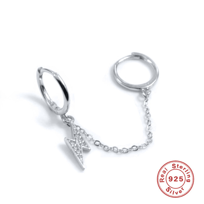 S925 Sterling Silver Chain Double-Piercing Lightning Stone-Inlaid Pendant Hoop Earrings Bestselling Trendy Personal...