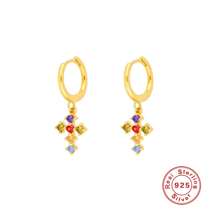 S925 Sterling Silver Cross Colorful Diamond Ear Cuff Earrings Hoop European American INS French Style Light Luxury Elegant Inlaid Diamond Ear Jewelry
