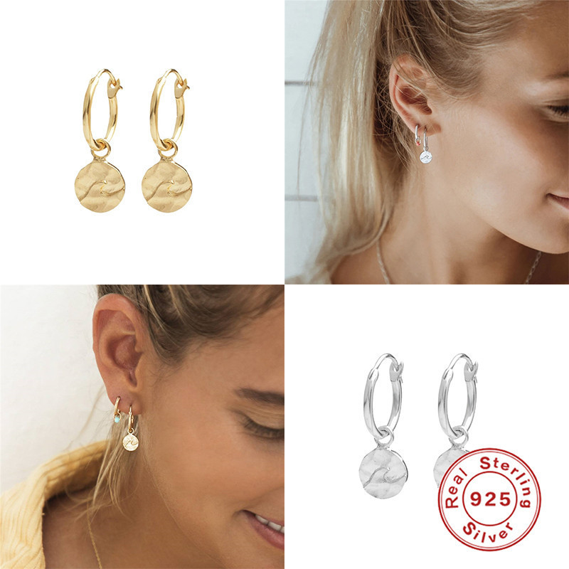 925 Sterling Silver Hoop Irregular Round Wave Pattern Earrings European and American Trendy INS Style Hoop Earrings