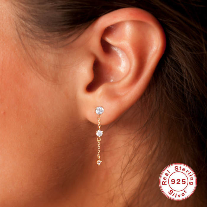 S925 Sterling Silver Mini Zirconia Stone-Inlaid Chain Earrings Ear Thread Earrings Korean Style INS Fashion Earring...