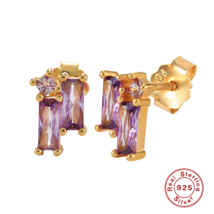 S925 Sterling Silver Rectangular Stone Stud Earrings Internet Celebrity Live Streaming Trendy Gold Jewelry Hot Sell...