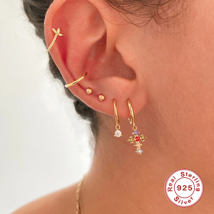 S925 Sterling Silver Cross Colorful Diamond Ear Cuff Earrings Hoop European American INS French Style Light Luxury Elegant Inlaid Diamond Ear Jewelry