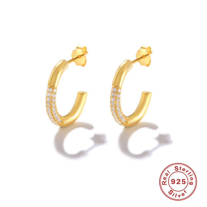 S925 Sterling Silver Classic Personality Luxury Diamond-Encrusted C-Shaped Hoop Earrings Stud Earrings Fashion Hot-Selling French Style INS Earrings