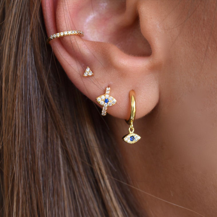 S925 Sterling Silver Diamond-Encrusted High-End Earrings Demon Eye Ear Studs Earrings Set European and American INS Layering Accessories