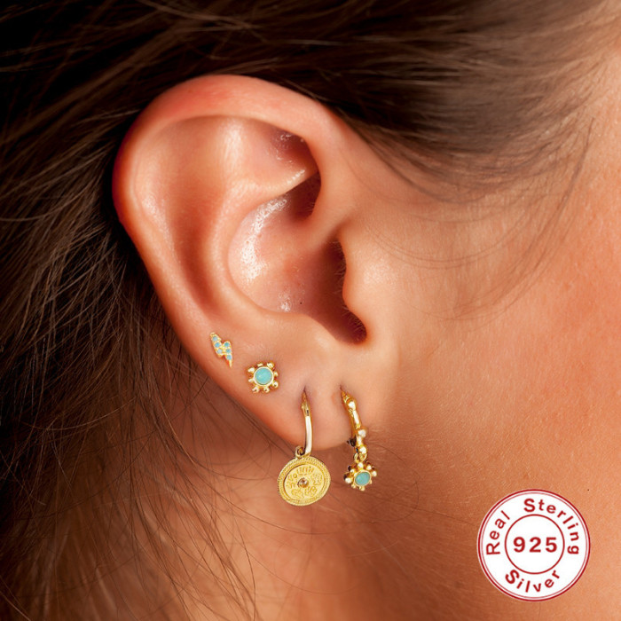 S925 Sterling Silver Hippie Moon Phase Medal Pendant Hoop Earrings European and American Creative Bohemian Style Ear Cuffs Ear Jewelry