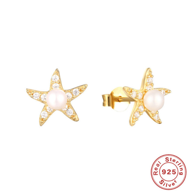 S925 Sterling Silver Starfish Petal Inlaid Diamond Pearl Stud Earrings European and American Style Simple Niche Design Earrings for Women