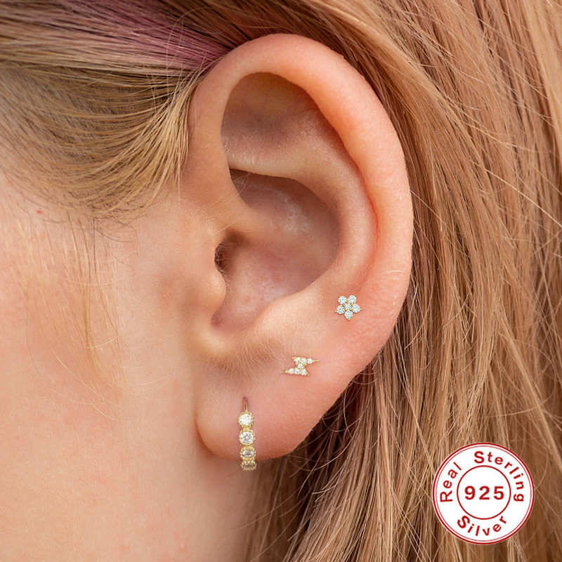 S925 Sterling Silver Classic Personality Lightning Flower Inlaid Diamond Set Earrings Studs European and American Cross-Border Hot Selling Piercing Studs