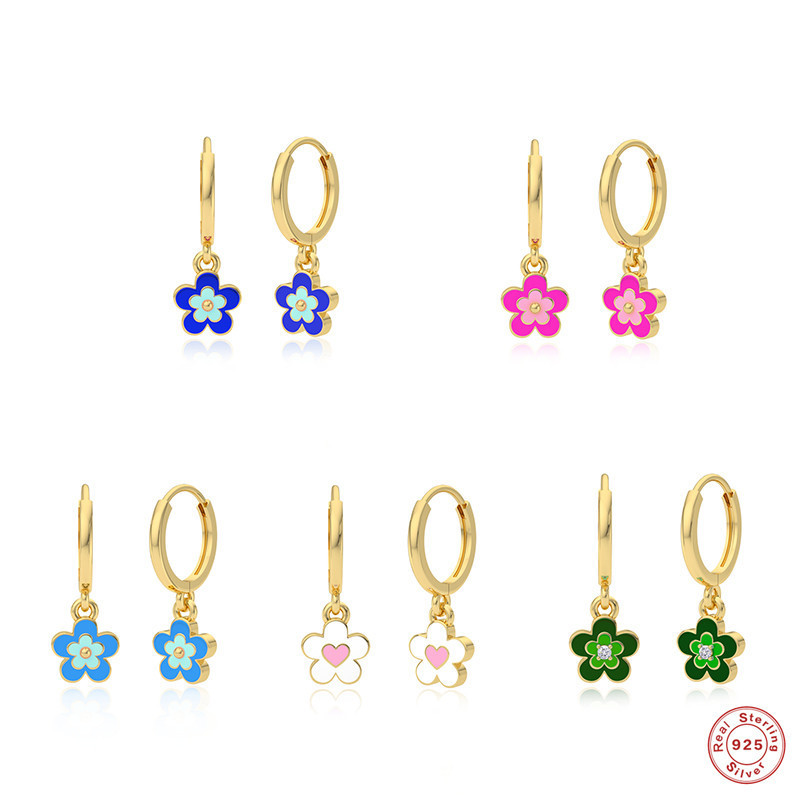 S925 Sterling Silver Enamel Oil Drop Petal Earrings European and American Cross-Border Hot Selling Fashion Personality Simple Inlaid Diamond Earrings