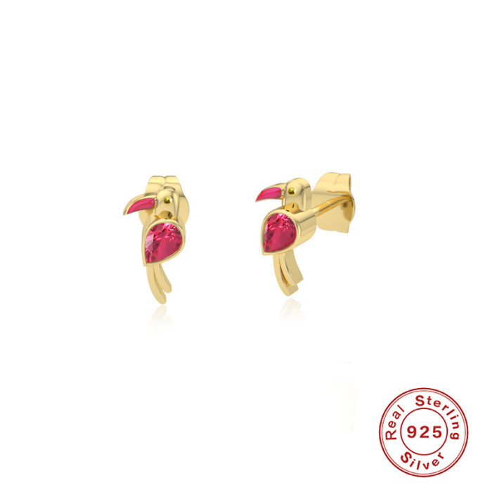 S925 Sterling Silver Enamel Oil Drop Love Bird Earrings Hot-Selling Simple Personality Stone-Studded Earrings