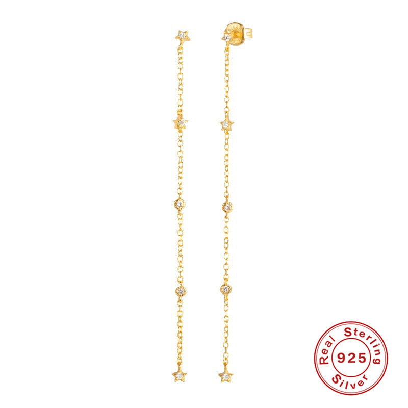 S925 Sterling Silver Mini Star Round Diamond Chain Tassel Earrings Studs European and American Fashion Simple Versatile Ear Thread Earrings